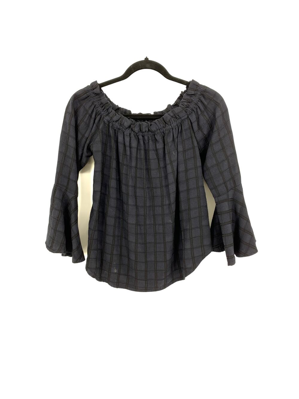 Maven West Flared Sleeve Off Shoulder Blouse Womens Sz Small Blue Black Plaid